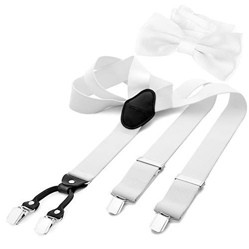 DonDon Tirantes para hombres ancho 3,5 cm en forma de Y, elásticos y ajustables en paquete de 2 con pajaritas adecuada 12 x 6 cm - Blanco
