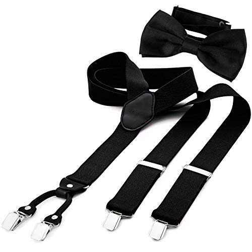 DonDon Tirantes para hombres ancho 3,5 cm en forma de Y, elásticos y ajustables en paquete de 2 con pajaritas adecuada 12 x 6 cm - Negro