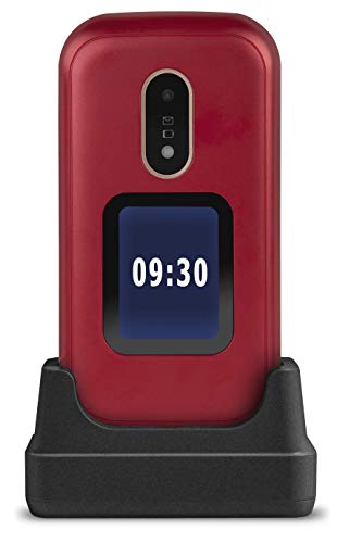 Doro 6060 Teléfono Móvil 2G Dual SIM para Mayores con Tapa con Teclas Grandes, Pantalla Externa, Botón SOS con GPS y Base de Carga [Versión Española y Portuguesa] (Rojo)