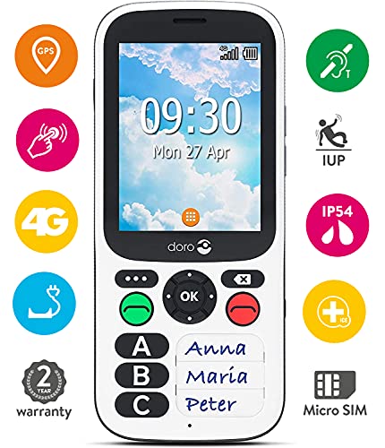 Doro 780X IUP Teléfono Móvil 4G Dual SIM para Mayores con Teclado Simplificado, Botón de Asistencia, GPS, Alarma de Caída, Ideal para Pérdida de Memoria [Versión Española y Portuguesa] (Blanco)