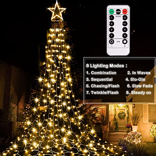DreiWasser Cortina de luz para el árbol de Navidad que funciona con pilas y temporizador con mando a distancia, 4m 344 luces LED en forma de cascada para la decoración de interiores/exteriores
