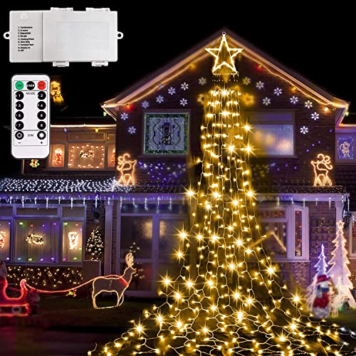 DreiWasser Cortina de luz para el árbol de Navidad que funciona con pilas y temporizador con mando a distancia, 4m 344 luces LED en forma de cascada para la decoración de interiores/exteriores
