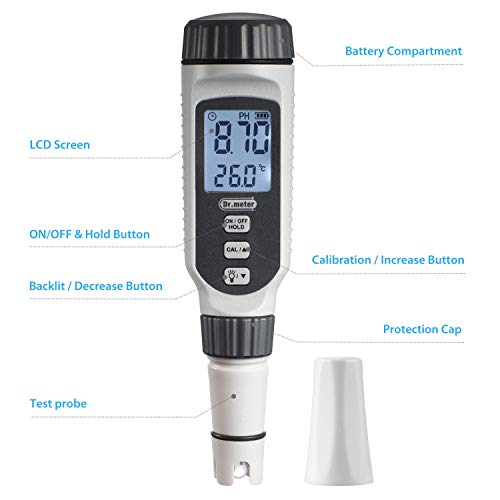 Dr.meter Medidor de PH con Pantalla LCD Resolución de Dos Colores, Pantalla retroiluminada de Alta precisión Rango de medición de 0-14 pH con función de retención de Datos