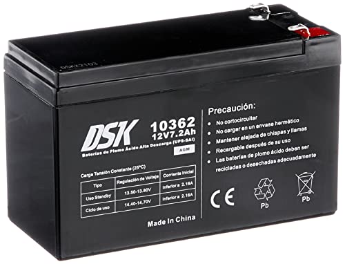 DSK 10362 - Batería de Plomo AGM Recargable y Sellada de Alta Descarga de 12V y 7,2Ah. Ideal para UPS-SAI, Sistemas de Seguridad y comunicación, Luces de Emergencia…