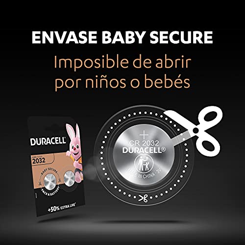 Duracell - Pilas de botón de litio 2032 de 3 V, paquete de 2, con Tecnología Baby Secure, para uso en llaves con sensor magnético, básculas, elementos vestibles, dispositivos médicos (DL/CR2032)
