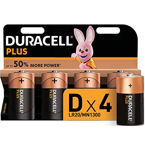 Duracell - Plus D, Pilas Alcalinas (paquete de 4) 1.5 Voltios LR20 MN1300, Exclusivo de Amazon