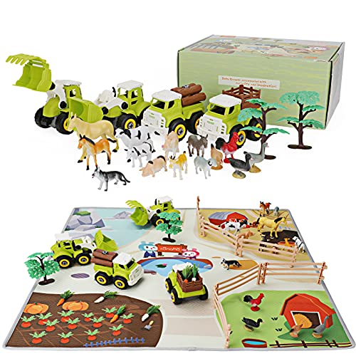 E-More Farm Animals Figuras de Juguete 34 Piezas Animal Pretend Play Juego de Juguetes educativos Animales de acción realistas con Alfombrilla de Juego niños, niñas y niños