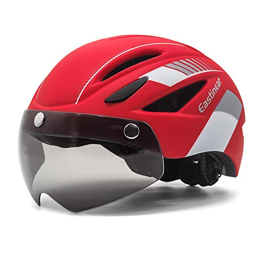 EASTINEAR Casco Bicicleta Adulto con Visera Extraíble Gafas Montaña Unisex Casco MTB con Luz Recargable para Hombre Mujer Casco de Ciclismo (Rojo Blanco)