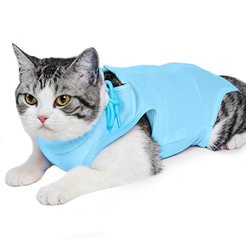 Easy Joy Traje de Recuperación Profesional para Gatos, Anti-Lamido Medical Chaleco con Velcro, E-Collar Alternativa para Gatos, para Gatito Heridas Abdominales o Enfermedades de la Piel(M,Azul)