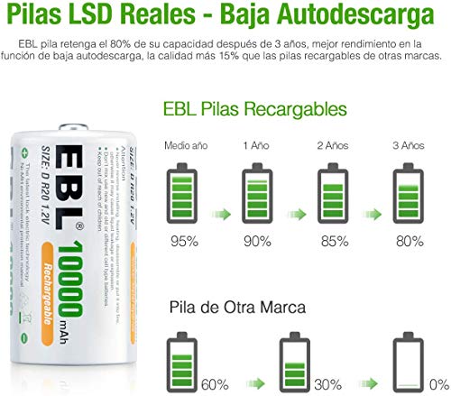 EBL Baterías Recargables D, 10000mAh Batería Ni-MH de Alta Capacidad de célula D Nuevo Paquete de Venta al por Menor, Paquete de 2