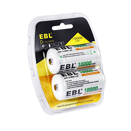 EBL Baterías Recargables D, 10000mAh Batería Ni-MH de Alta Capacidad de célula D Nuevo Paquete de Venta al por Menor, Paquete de 2