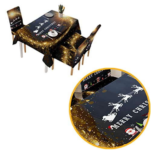 eBoutik - Mantel de Navidad premium – Deluxe 2021 impermeable novedad Protector de mesa lavable para decoración de cocina 4 fundas de silla, 140 cm x 180 cm (negro y dorado Merry Christmas)