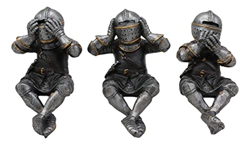 Ebros Gift Set de 3 Renaissance Medieval See Hear Speak No Evil Royal Knights con túnica negra o estante, 4 pulgadas de alto traje de armadura miniatura Caballeros Decoración