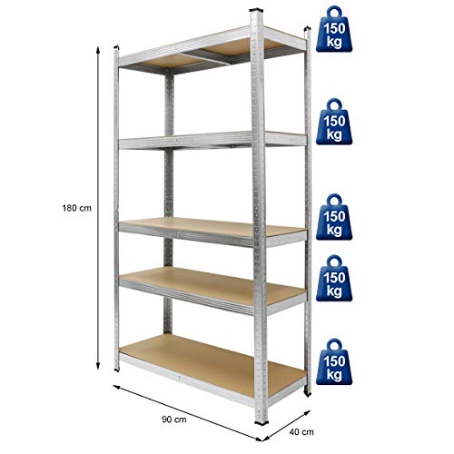 ECD Germany Estantería Galvanizada de Taller 180x90x40 cm Estante Modular Industrial Mesa de Trabajo Garaje Armario de Almacenamiento de 5 Baldas carga 750 kg Banco Metálico con Altura Ajustable