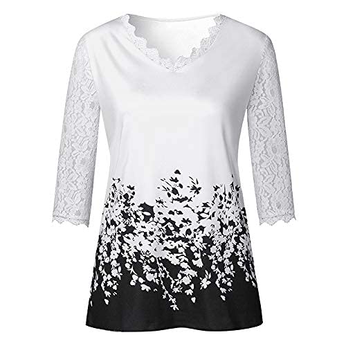 Edjude Camiseta Mujer Cuello V Verano Manga 3/4 Encaje Camisa Manga Corta Blusa Floral Ropa Casual Elegante Blanco 3XL