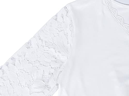 Edjude Camiseta Mujer Cuello V Verano Manga 3/4 Encaje Camisa Manga Corta Blusa Floral Ropa Casual Elegante Blanco 3XL
