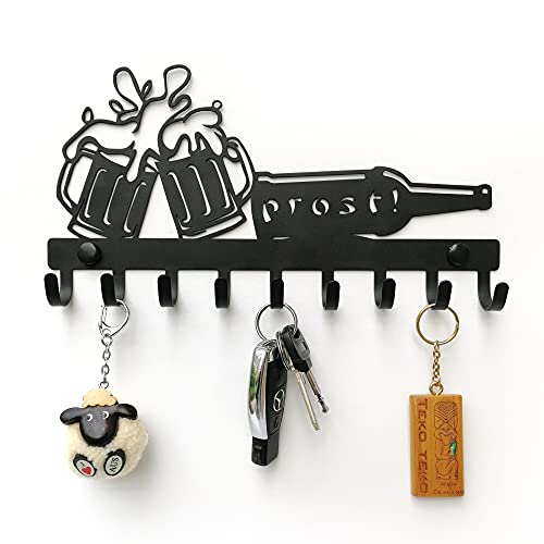 ELFSELF Colgador de llaves para la pared, en diseño para todos los amantes de la cerveza, todo organizado con el llavero, 9 colgadores, bandeja para llaves de metal negro, 28 x 14,7 cm