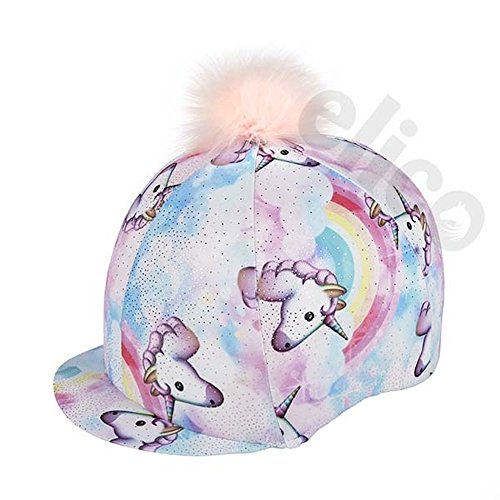 Elico Funda para Sombrero de equitación de Lycra Fantasia Pastel Unicorn con Pom Pom