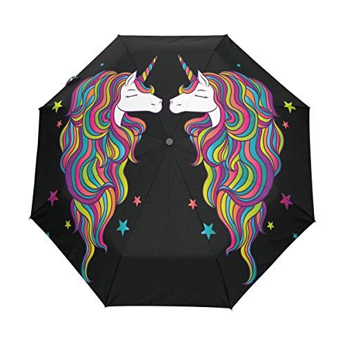 Emoya Paraguas Resistente al Viento Hermoso Unicornio Multicolor Melena Fabuloso Animal Viaje Plegable Paraguas Auto Abrir Cierre Compacto