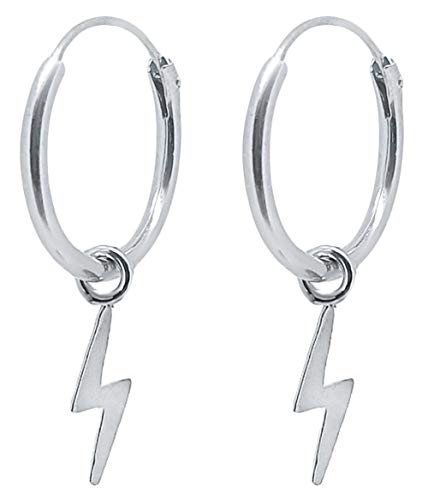 ENTREPLATA Pendientes Rayo Plata de Ley 925. Aros de Plata con Colgante Rayo. Originales Pendientes de Aro para Mujer Niña Hombre Niño Unisex. Aretes Criollas con colgante de Rayo 14 mm.