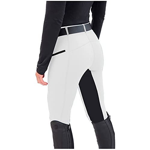 Equestrian Stockholm - Pantalones de equitación para mujer, con ribete completo, mallas de cintura alta, pantalones de equitación, con funda para teléfono móvil, Blanco, L