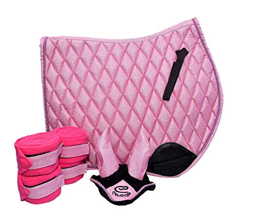 Equipride GP - Protector para silla de montar con velo de mosca y vendas, tela brillante brillante rosa (Pony)