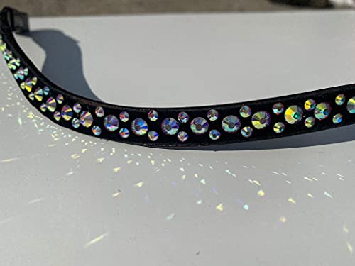 Equipride Hermosa forma de curva Bling Hot Fix Crystal Browband brillante multicolor (cuero negro, completo (16 pulgadas)