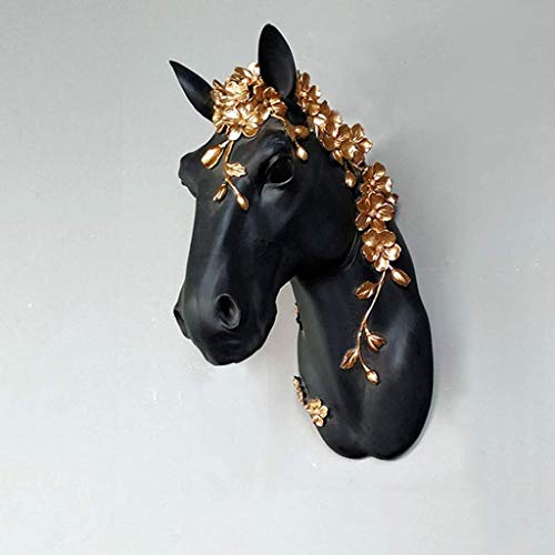 Escultura de escritorio Cabeza de caballo montado en la pared Decoración de la pared de la cabeza de la resina del animal para colgar, escultura decoración de ilustraciones (Color : Black)