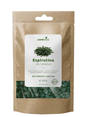 Espirulina Premium Carefood ecológica | 300 comprimidos de 500mg con 100% BIO Spirulina Natural | Certificación Ecológica | Hierro - Minerales | DETOX - Vegano - Proteína Vegetal
