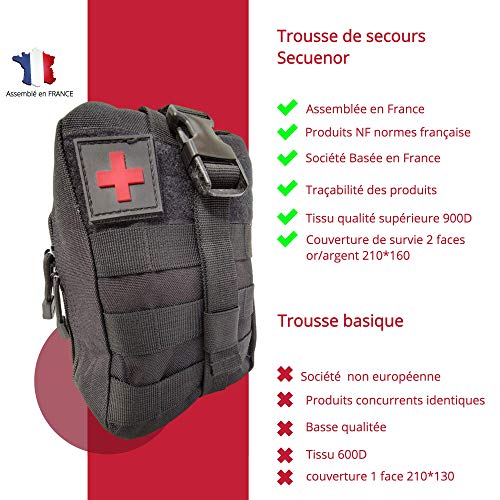 Estuche de emergencia negro táctico militar, kit completo, 103 piezas, montado en Francia + sacapuntas a la cintura, diseñado para todas las actividades de senderismo, viaje y airsoft.