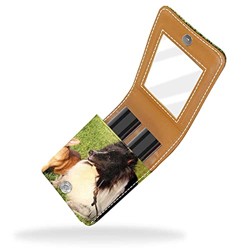 Estuche de lápiz Labial Estuche cosmético para Exterior Mini Bolso Soporte de Viaje portátil con Espejo Bolsa de Maquillaje Labial Perro Chihuahua Perro Shetland Sheepdog Sheltie