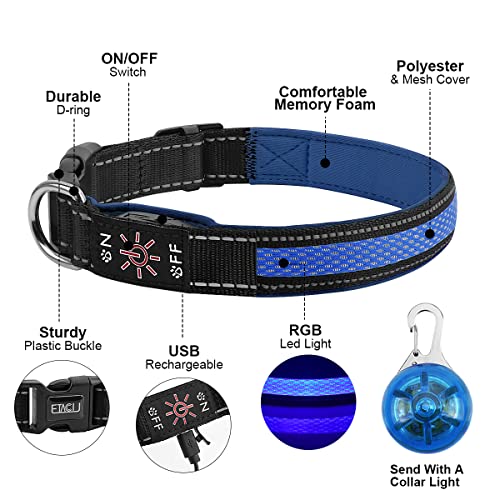 ETACCU Collar de Perro LED, Collar de Perros Ajustable con 3 Modos y 7 Colores, Collar Luminoso Impermeable Recargable por USB, Collares Básicos para Mascotas (Mediano (40-55cm), Azul)