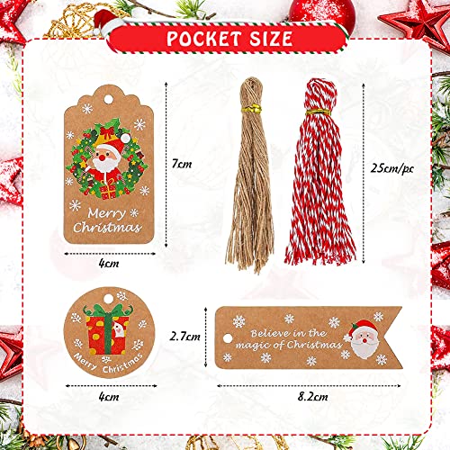 Etiquetas regalo navidad, 100 etiquetas de regalo de Feliz Navidades con hilo yute algodón blanco rojo, marrón pequeñas etiquetas papel Kraft de navideño para envolver regalos decoración de árboles