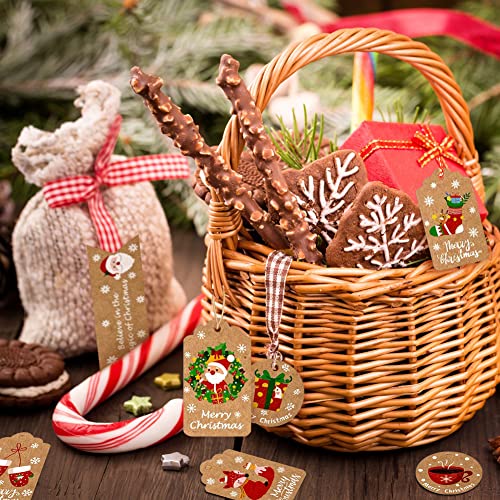Etiquetas regalo navidad, 100 etiquetas de regalo de Feliz Navidades con hilo yute algodón blanco rojo, marrón pequeñas etiquetas papel Kraft de navideño para envolver regalos decoración de árboles