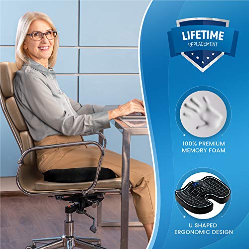 Everlasting Comfort Cojín de asiento para el trabajo - Cojín para silla de oficina de espuma viscoelástica pura - Cojín ergonómico para aliviar el dolor de piernas, cadera, coxis y espalda (Negro)