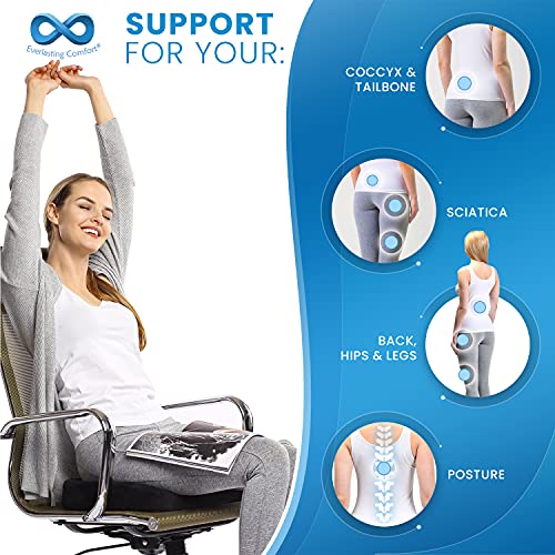 Everlasting Comfort Cojín de asiento para el trabajo - Cojín para silla de oficina de espuma viscoelástica pura - Cojín ergonómico para aliviar el dolor de piernas, cadera, coxis y espalda (Negro)