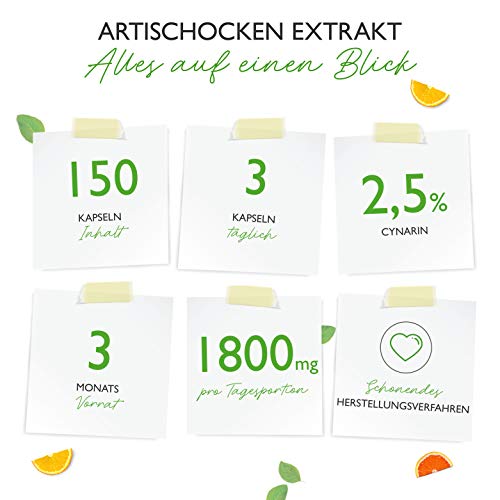 Extracto de alcachofa - 150 Cápsulas - Altamente dosificado con 1800 mg por dosis diaria + 2,5% de cinarina - Auténtico extracto de alcachofa 12:1 - Vegano