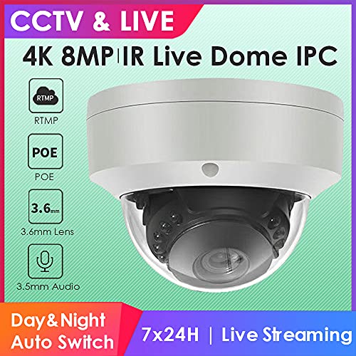 EXVIST 4K 8.0MP PoE IR resistente a la intemperie Cámara IP de transmisión en vivo de domo compacto para transmitir a YouTube Facebook Twitch etc. por RTMP W/3.6mm lente