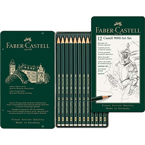 Faber Castell 9000 - Set de 12 lápices para dibujo artístico + Goma de borrar en caja de plástico, color gris