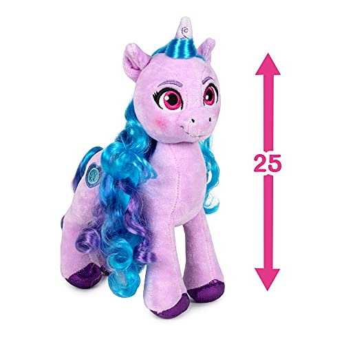 Famosa Softies - Peluche del unicornio Izzy Moonbow de la película My Little Pony: Una nueva Generación, es de color morado con el pelo azul y los ojos rosas, mide unos 25 centímetros (760020962)