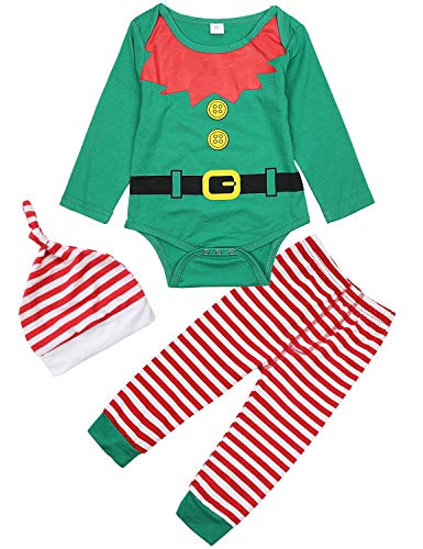 FANCYINN Trajes de Navidad para bebés y niñas Disfraces de Elfos para bebés Camisetas de Manga Larga con Pantalones a Rayas y Conjunto de Sombrero Elfo de Navidad y botón 0-3 Meses