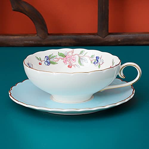 fanquare Taza y Platillo de Porcelana, Taza de Café con Diseño de Pájaro y Flor de Loto Rosa, Taza de Té con Ribete Dorado, Azul