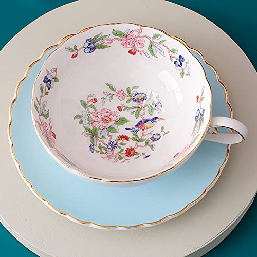 fanquare Taza y Platillo de Porcelana, Taza de Café con Diseño de Pájaro y Flor de Loto Rosa, Taza de Té con Ribete Dorado, Azul