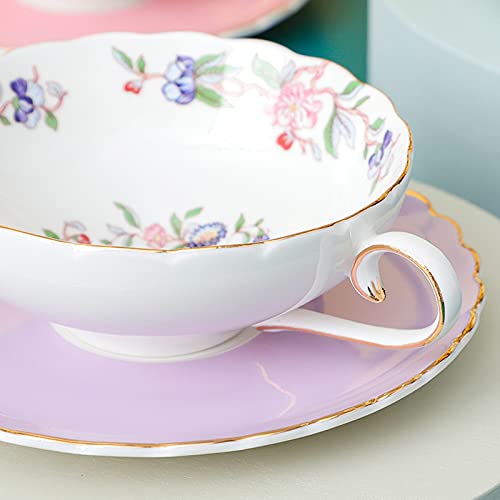 fanquare Taza y Platillo de Porcelana, Taza de Café con Diseño de Pájaro y Flor de Loto Rosa, Taza de Té con Ribete Dorado, Morado