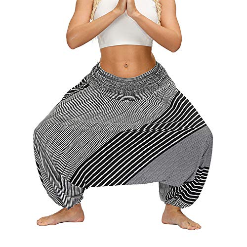 Fansu Pantalones Boho Mujer Verano, Casual Harem Yoga Hippies Bohemio Impreso Desgaste Playa Fiesta (una Talla,Negro)