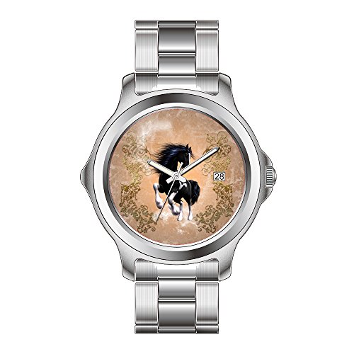 FDC – Navidad Regalo Relojes Hombre Fashion Fecha Acero Inoxidable Reloj de Pulsera de Cuarzo japonés Impresionante Wild Caballo con Flores Elementos Reloj