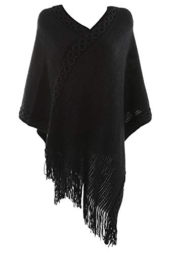 FEOYA Poncho para Mujer Chaqueta Chal Flecos Bordado Flores Diseño Envolvente Lana Artificial Caliente Combinable 86 * 80cm Negro