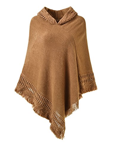 Ferand - Poncho con capucha y flecos para mujer, tejida a ganchillo marrón claro Talla única