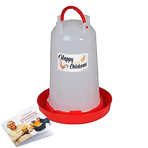 FINCA CASAREJO Bebedero para Gallinas - Bebedero sifónico Happy Chickens 10 litros - Plástico Resistente para conservar el Agua en Buen Estado - Incluye Guía Práctica de Alimentación de Las Aves