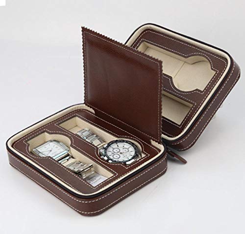 FIONAT Caja para Relojes Cajas para Joyas Hombre Mujer Regalo Viaje 4-bit Cuero Artificial Colección Cremallera Portátil Marrón Bolsa De Almacenamiento 18 * 14 * 6 Cm, Marrón